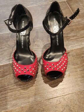 Rock & Republic Red Studded Ankle-Strap Peep-Toe Heels